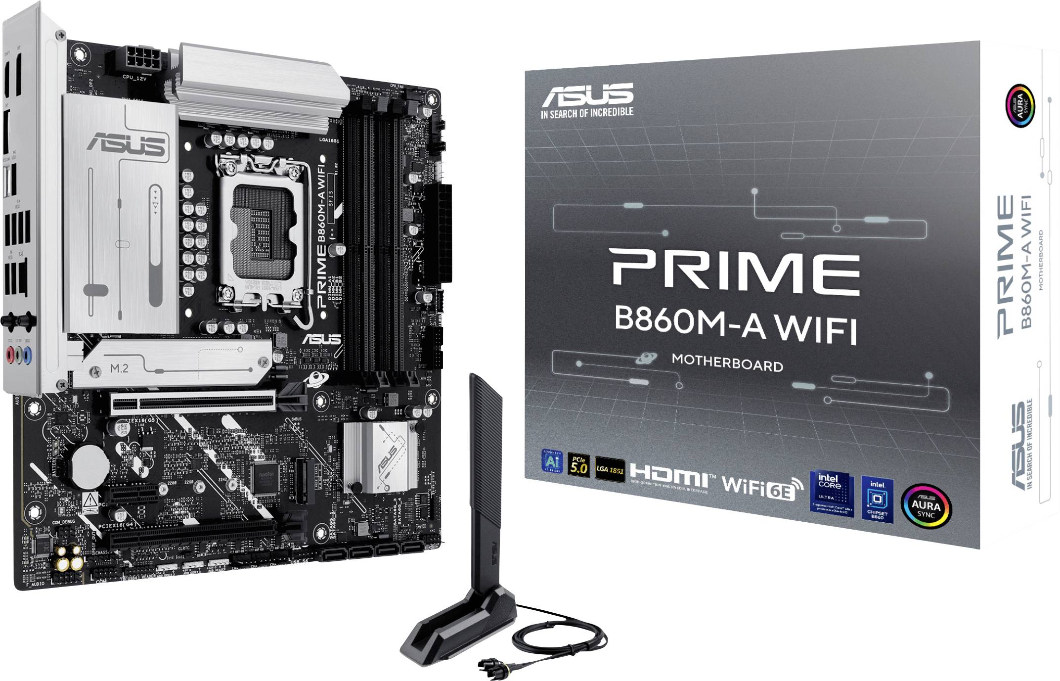 Carte mère ASUS Prime B660M-A WiFi et son emballage, présentant une capacité WiFi, divers ports et composants, avec antenne incluse.
