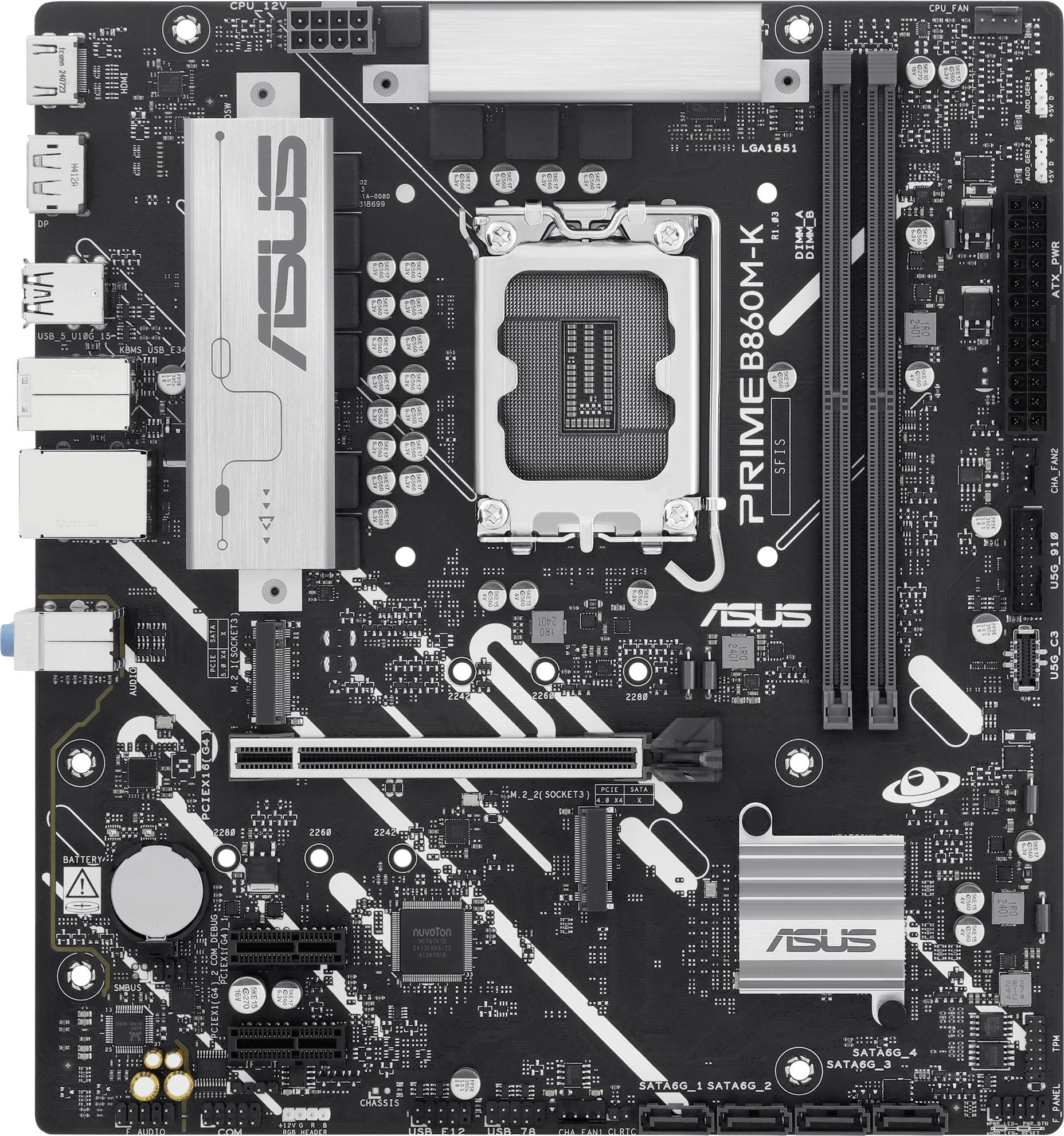 Une carte mère d'ordinateur étiquetée « ASUS PRIME B660M-K », présentant divers ports, emplacements et connecteurs pour les composants.