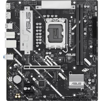 Une carte mère d'ordinateur étiquetée « ASUS PRIME B660M-K », présentant divers ports, emplacements et connecteurs pour les composants.