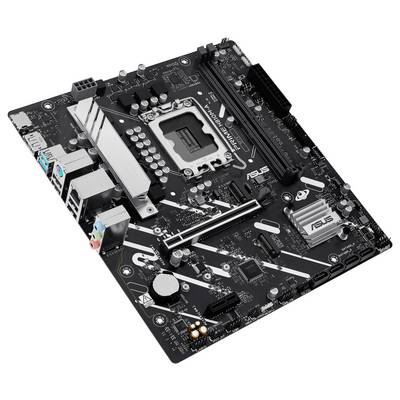 Une carte mère noire ASUS montrant divers ports, emplacements et circuits, comprenant le socket du processeur, les slots de RAM et les dissipateurs thermiques.