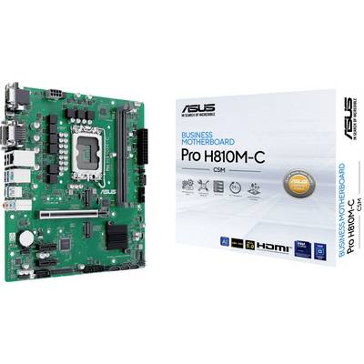 Carte mère ASUS Pro H810M-C et sa boîte d'emballage, mettant en valeur des caractéristiques telles que carte mère professionnelle, chipset Intel, slot PCIe, support HDMI.