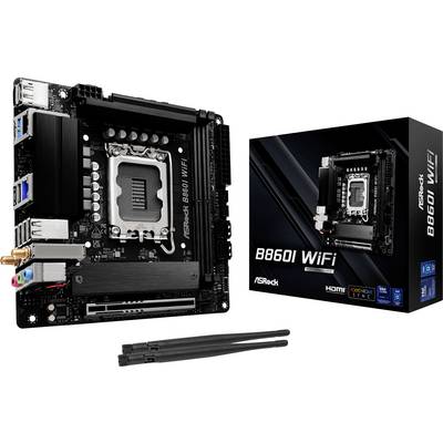 Carte mère 'ASRock B660I WiFi' avec un boîtier présentant des fonctionnalités telles que HDMI, Polychrome Sync et la capacité WiFi.