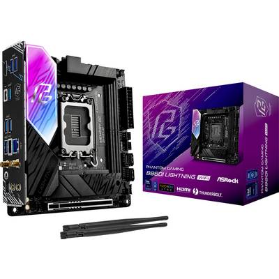 Carte mère avec des ports, logo de jeu en surbrillance, et boîte d'emballage affichant 'Phantom Gaming B660I Lightning WiFi' par ASRock.