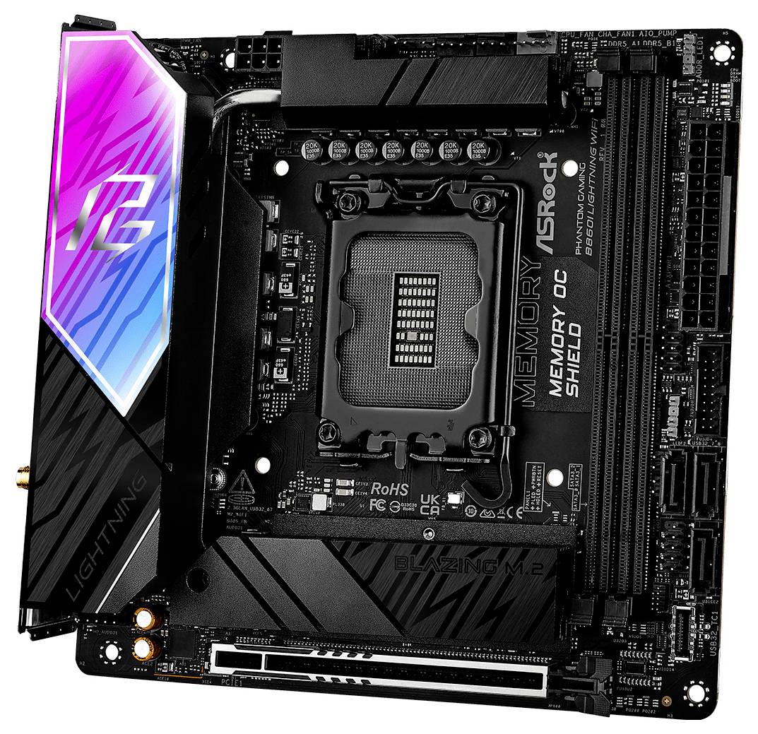 Carte mère ASRock mini-ITX avec éclairage RVB vibrant, plusieurs ports et socket pour l'installation du processeur.