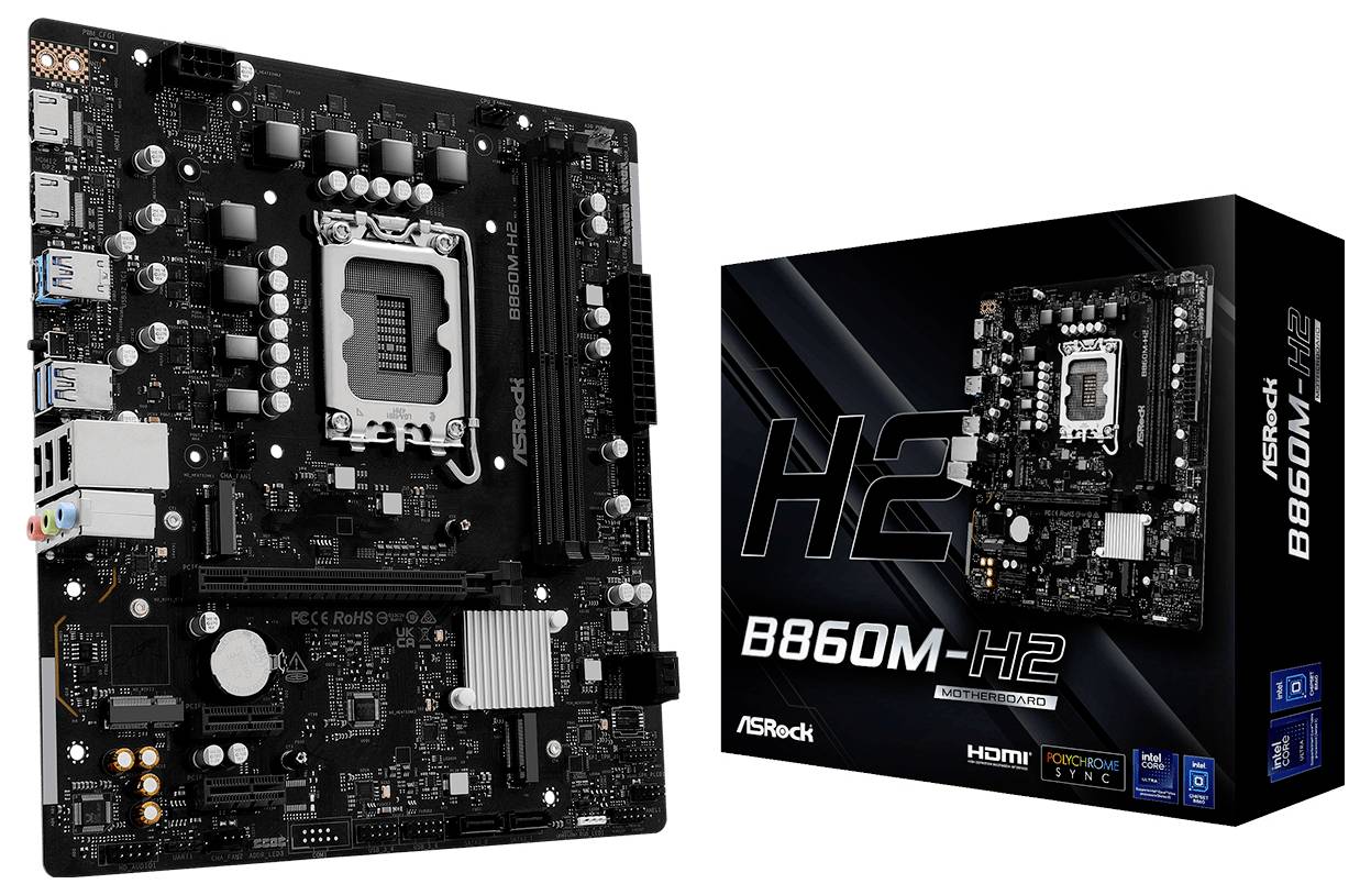 Carte mère ASRock B660M-H2 à côté de sa boîte d'emballage, présentant divers ports et emplacements pour composants informatiques.