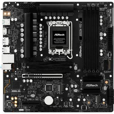 Carte mère montrant divers composants et emplacements, étiquetée 'ASRock B560M Pro4'. Les caractéristiques comprennent des emplacements pour RAM, un socket pour processeur et des emplacements PCIe.