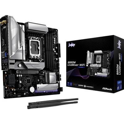 Carte mère ASRock B660M LiveMixer WiFi présentée à côté de son emballage. Comprend des antennes doubles, plusieurs ports et des fonctionnalités de refroidissement.