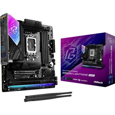 Carte mère ASRock B660M Phantom Gaming Lightning WiFi présentée avec sa boîte ; les fonctionnalités comprennent le WiFi, le port HDMI et les ports Thunderbolt.