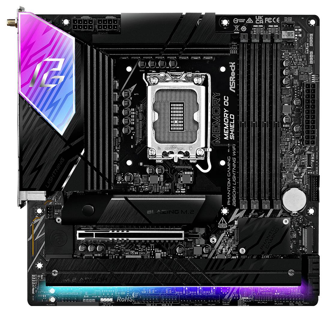 Une carte mère d'ordinateur avec des emplacements PCIe, des emplacements RAM et un socket CPU, portant les étiquettes « Phantom Gaming 4 » et « ASRock ».
