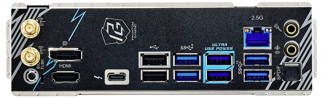 L'image montre les ports d'E/S arrière d'une carte mère d'ordinateur, comprenant des prises audio, des ports USB, Ethernet, HDMI et des connecteurs d'antenne.