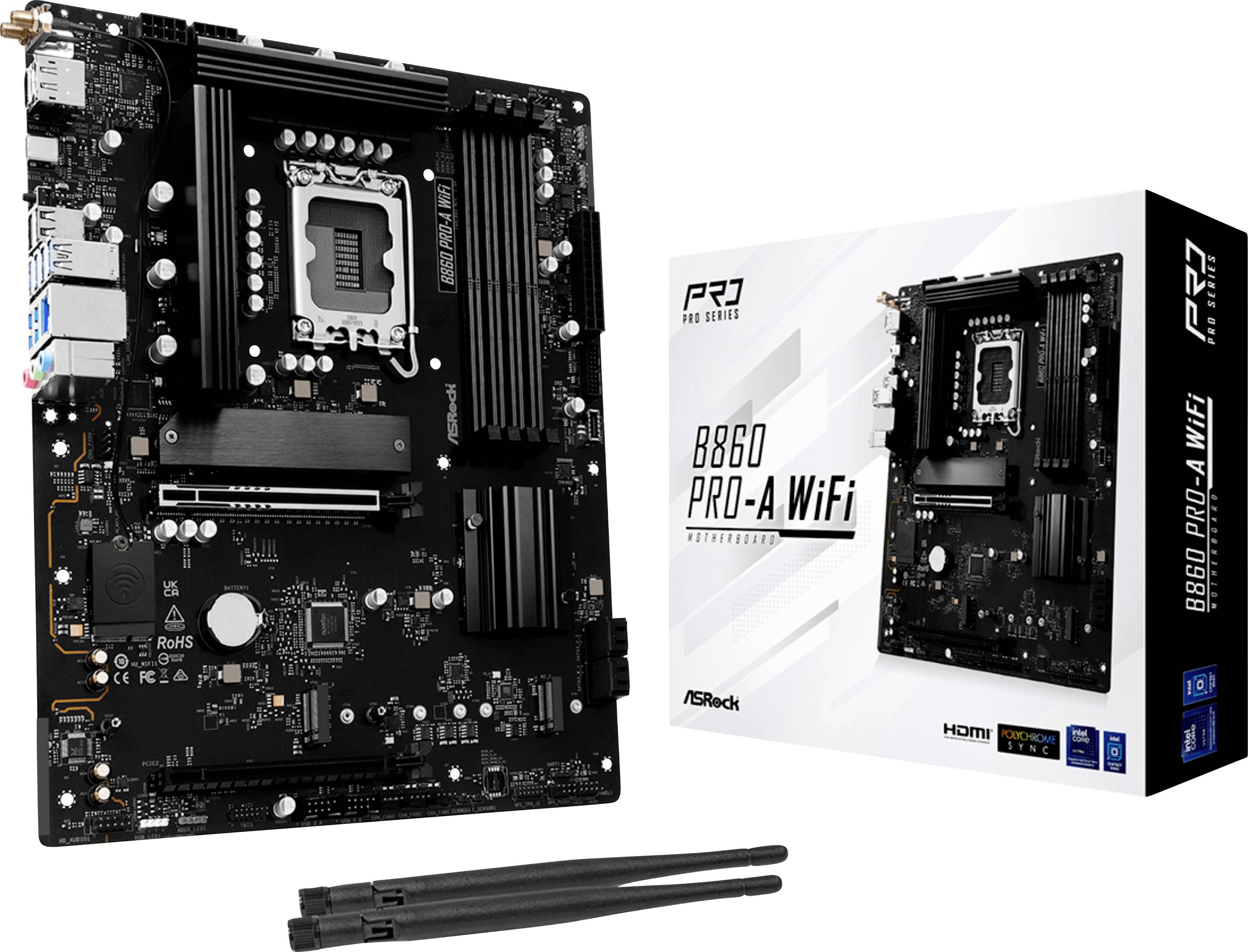 Carte mère ASRock B660 Pro-A WiFi avec son emballage et deux antennes WiFi, présentant ses caractéristiques techniques et options de connectivité.
