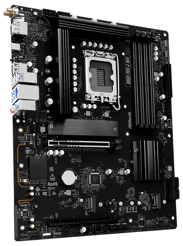 Une carte mère noire d'ordinateur présente divers emplacements et composants, notamment un socket central pour le processeur (CPU), des emplacements pour la mémoire vive (RAM) et des ports de connectivité.