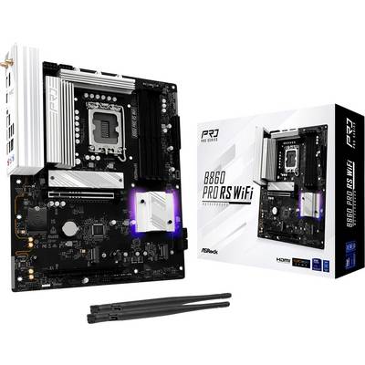 Carte mère ASRock B660 Pro RS WiFi affichée à côté de son emballage, mettant en évidence sa capacité WiFi et son support HDMI, avec deux antennes.