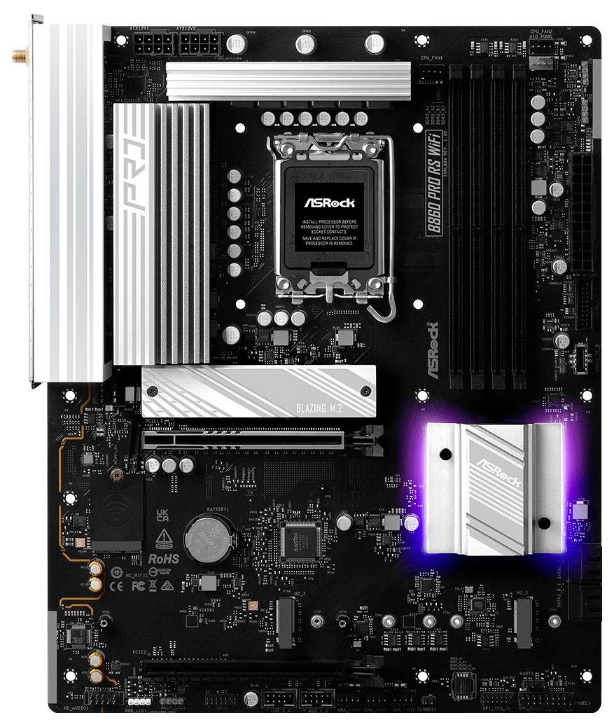 Une carte mère noire ASRock étiquetée 'B760M PG SONIC WIFI', dotée de radiateurs en argent et de lumières LED, conçue pour l'assemblage d'ordinateur.