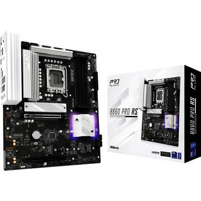 Carte mère ASRock B660 Pro RS présentée à côté de sa boîte d'emballage. La carte mère présente plusieurs ports et emplacements dans un design argent et noir.