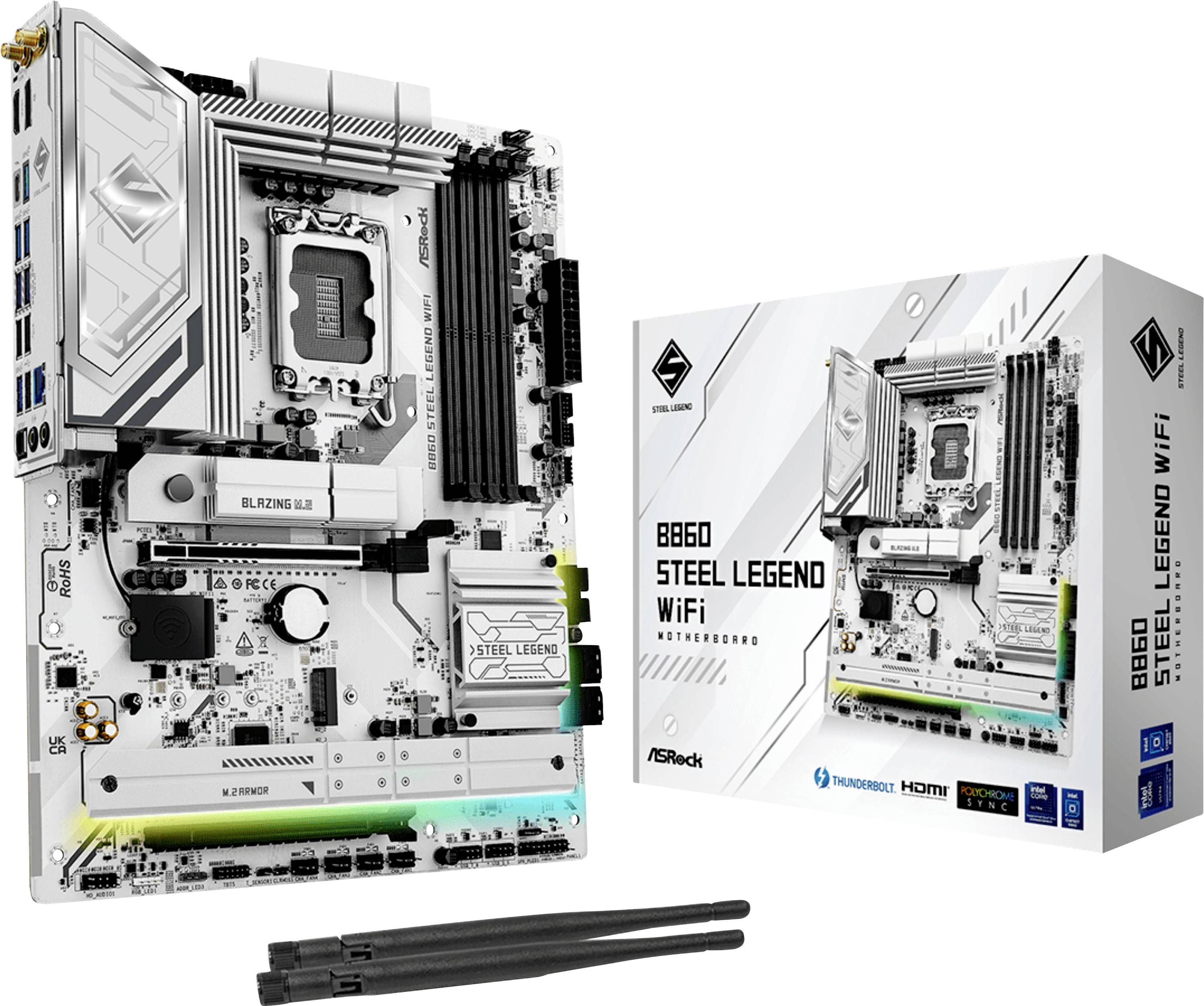Carte mère ASRock B660 Steel Legend WiFi avec son emballage. La carte mère présente plusieurs emplacements d'extension, ports et antennes Wi-Fi.