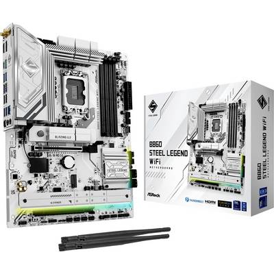 Carte mère ASRock B660 Steel Legend WiFi avec son emballage. La carte mère présente plusieurs emplacements d'extension, ports et antennes Wi-Fi.