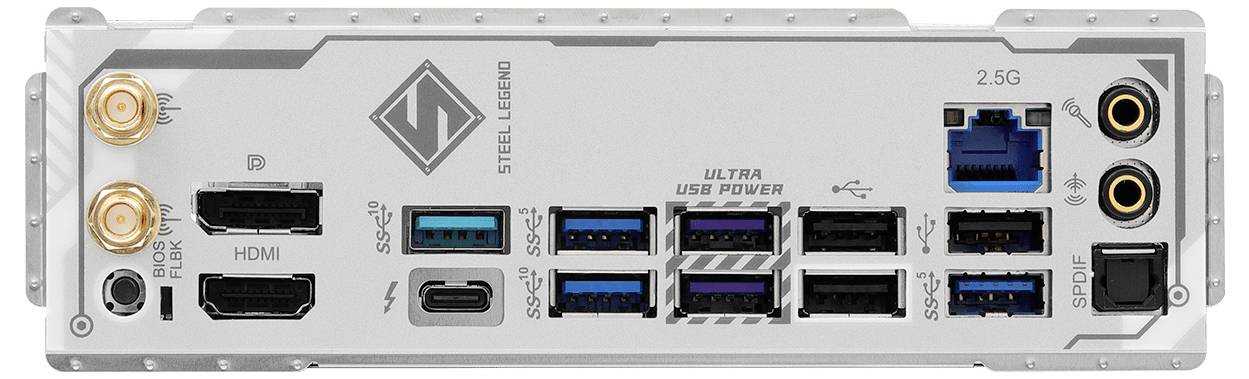 Panneau arrière de la carte mère 'Steel Legend' montrant plusieurs ports USB, HDMI, DisplayPort, Ethernet, connecteurs audio et connexions d'antennes sans fil.