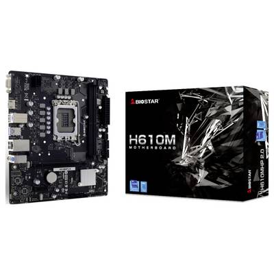 Une carte mère Biostar H610M est présentée à côté de sa boîte, mettant en avant la disposition de la carte mère et l'emballage du produit avec sa marque.