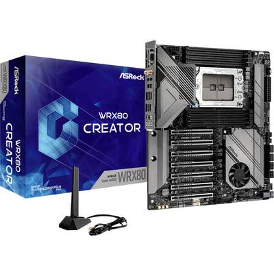 Carte mère ASRock WRX80 Creator avec support des processeurs AMD Ryzen Threadripper Pro, présentée avec son emballage et ses accessoires. Adaptée aux calculs informatiques haute performance.