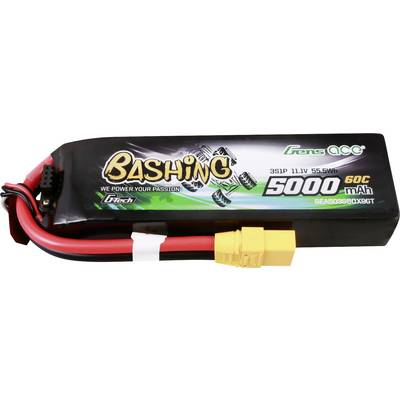 Batterie LiPo 'Bashing 5000 mAh 11,1V 60C' avec connecteur XT60 jaune et câbles rouges ; adaptée pour véhicules télécommandés.