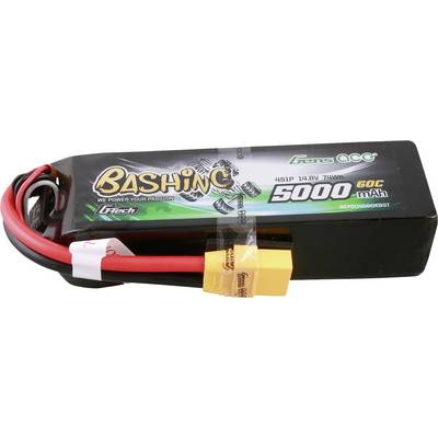 Pack d'accumulateurs portant l'inscription 'Gens Ace Bashing 5000 mAh 60C 14.8V'. Câbles rouge et noir avec des connecteurs jaunes.