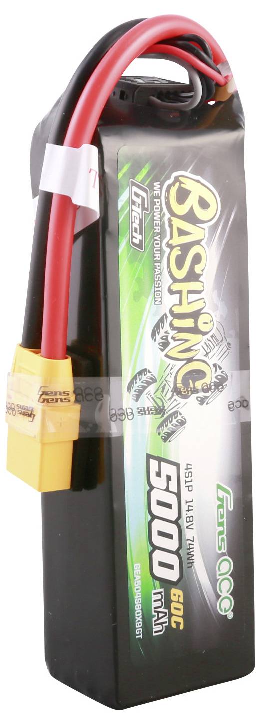 Batterie Lithium-Polymère portant l'inscription « Bashing 5000 mAh 60C ». Câble rouge et noir avec connecteur.