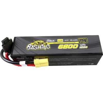 Batterie Lithium-Polymère rectangulaire 14,8 V, 6800 mAh, adaptée aux véhicules télécommandés. Boîtier noir avec des détails jaunes et blancs.