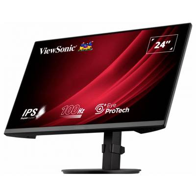 Un moniteur ViewSonic de 24 pouces doté d'un panneau IPS, d'un taux de rafraîchissement de 100 Hz et de la technologie Eye-ProTech, présentant un design ergonomique.
