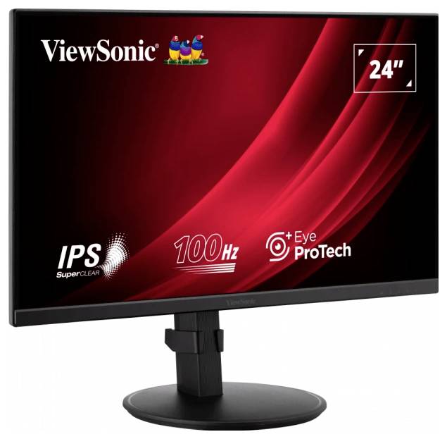 Un moniteur ViewSonic avec écran de 24 pouces, technologie IPS, taux de rafraîchissement de 100 Hz et fonction Eye ProTech.