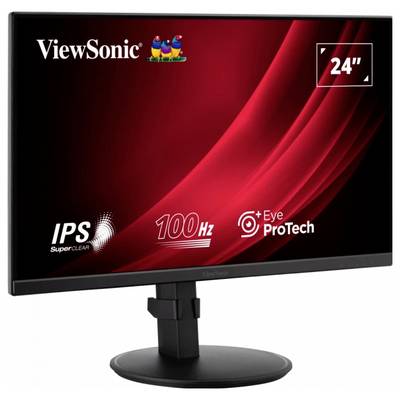 Un moniteur ViewSonic avec écran de 24 pouces, technologie IPS, taux de rafraîchissement de 100 Hz et fonction Eye ProTech.