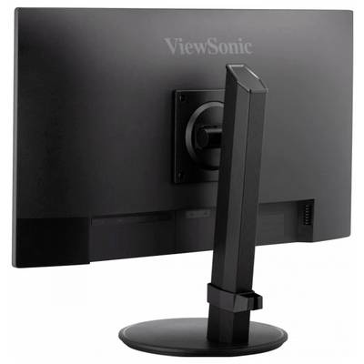 Un moniteur d'ordinateur noir vu de dos ; avec un pied pivotant et un design ergonomique. La marque 'ViewSonic' est visible au dos.
