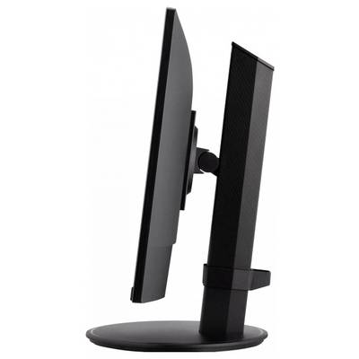 Un moniteur d'ordinateur noir, vu de profil, affiche un design fin sur un socle circulaire.