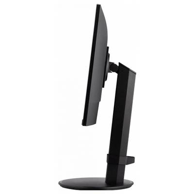 Moniteur d'ordinateur noir vu de côté, présentant un design épuré et minimaliste avec un support réglable.