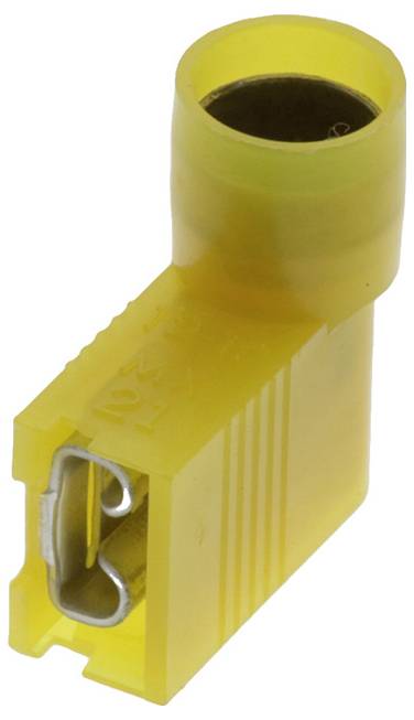 Cosse plate isolée jaune en plastique, à angle de 90 degrés, avec contact métallique visible, pour connexions électriques.