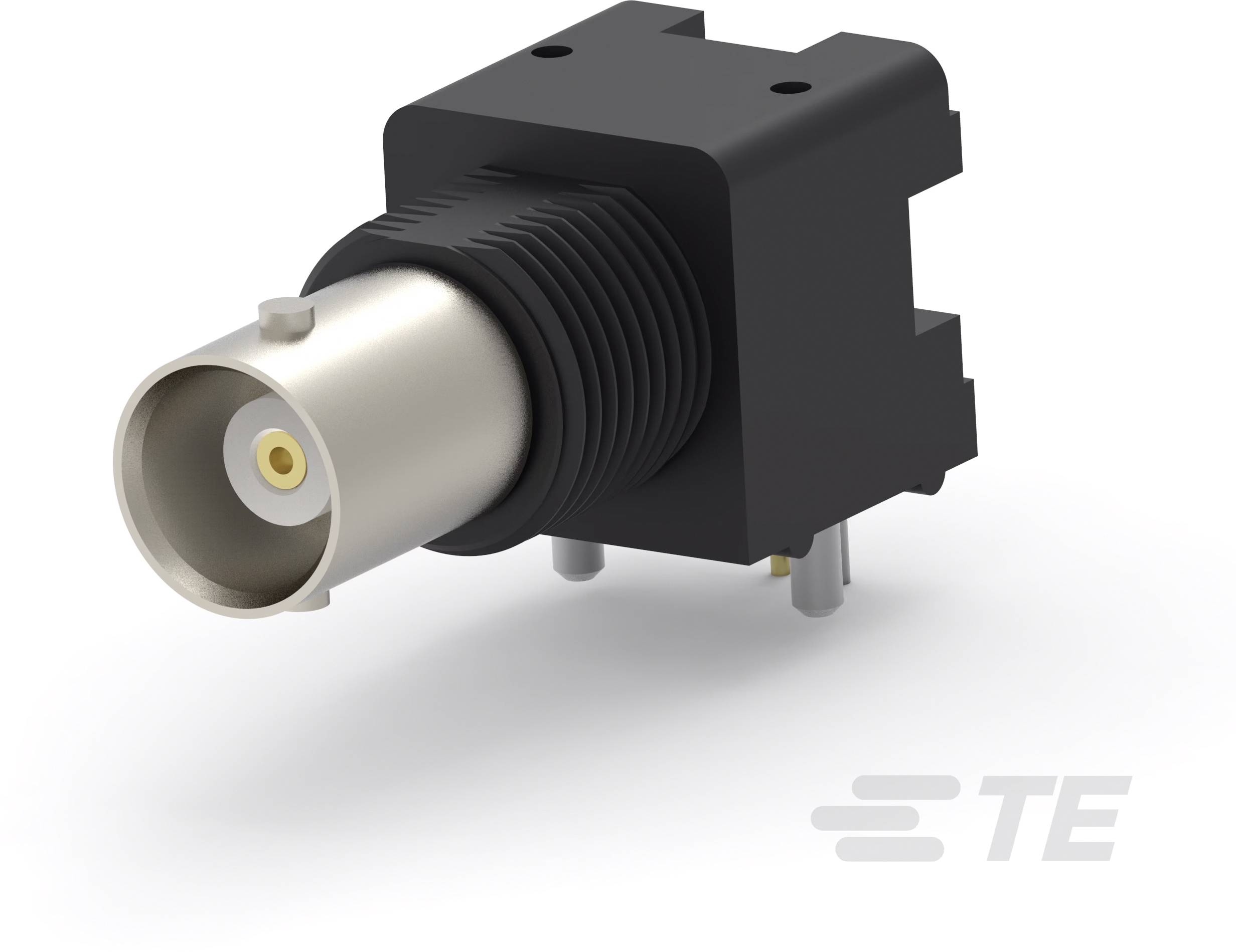 Un connecteur coaxial RF noir et argent de forme cylindrique, adapté aux connexions électriques dans des applications techniques. Logo 'TE' sur le côté droit.