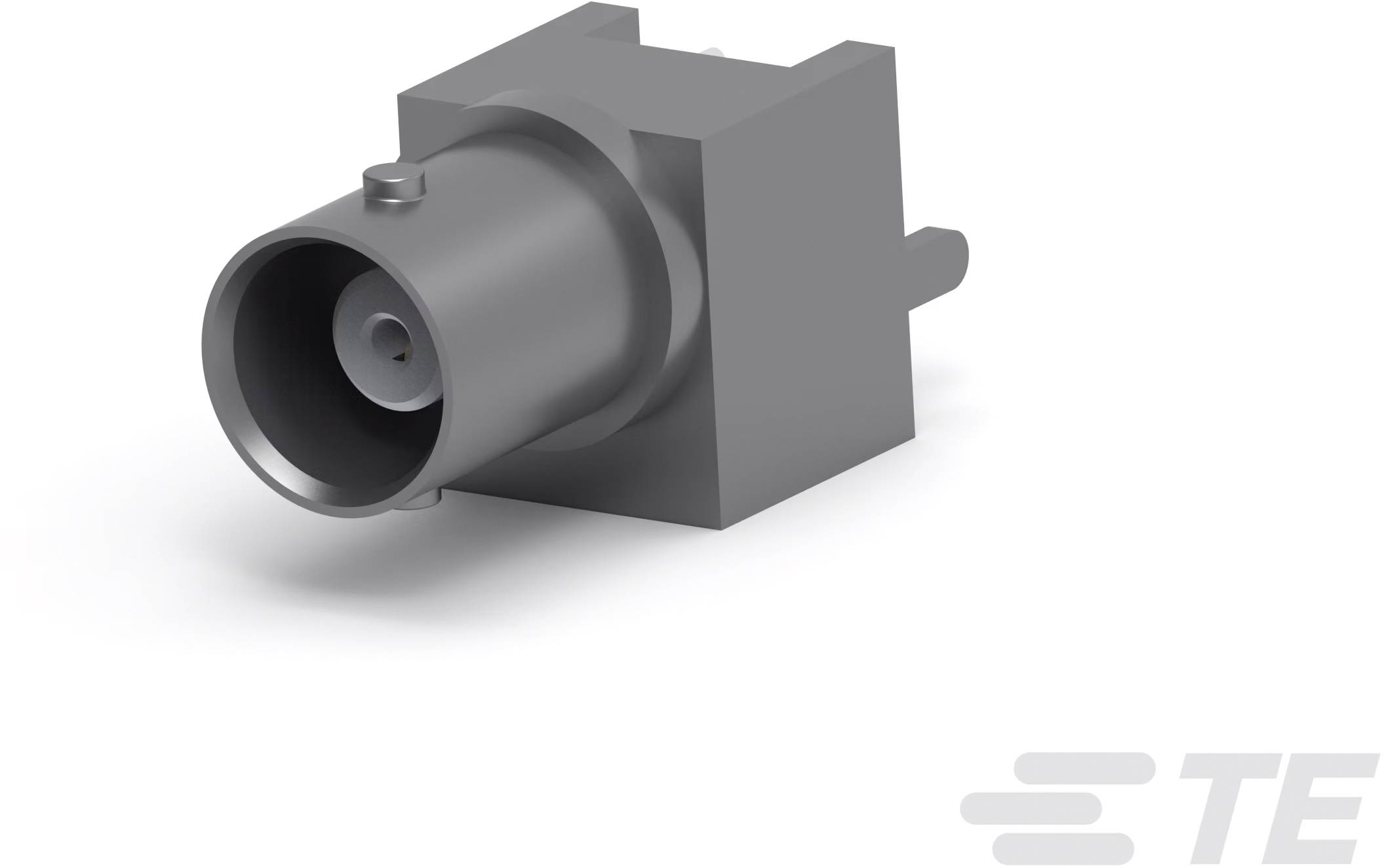 Un adaptateur de connecteur carré gris avec une broche de connexion cylindrique sur fond blanc.