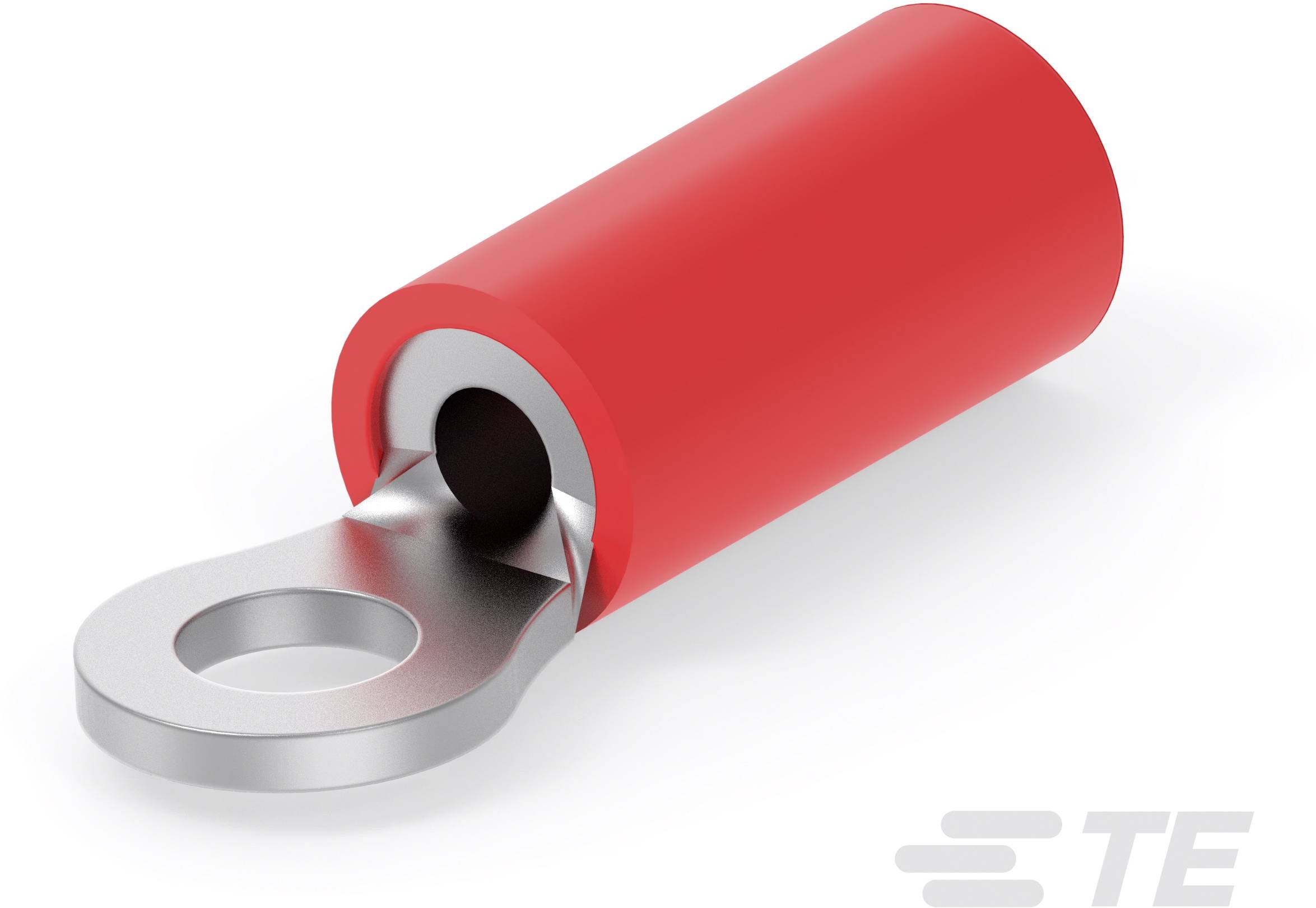 Un cosse à œillet rouge avec tige isolée et œillet métallique. Produit de TE Connectivity, utilisé pour les connexions électriques.