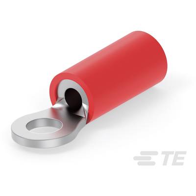 Un cosse à œillet rouge avec tige isolée et œillet métallique. Produit de TE Connectivity, utilisé pour les connexions électriques.