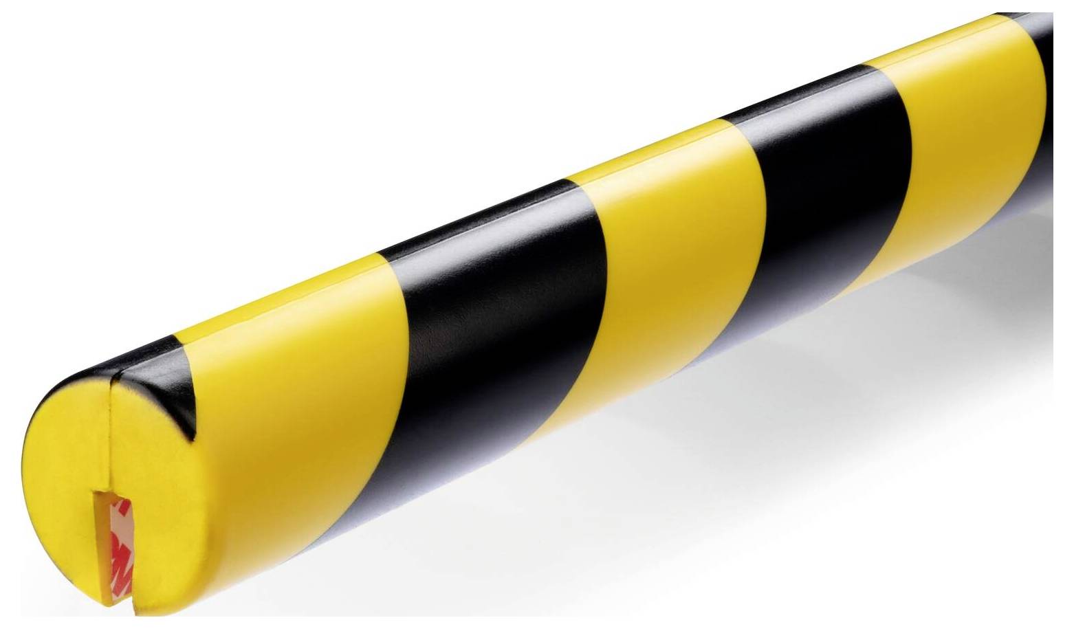 Un protecteur en mousse rayé jaune et noir, qui couvre les bords ou les coins afin de prévenir les chocs.