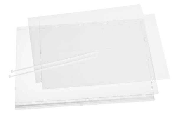 Présente des pochettes de présentation transparentes avec des attaches blanches en plastique flexibles. Adaptées à la protection et à l'organisation des documents.