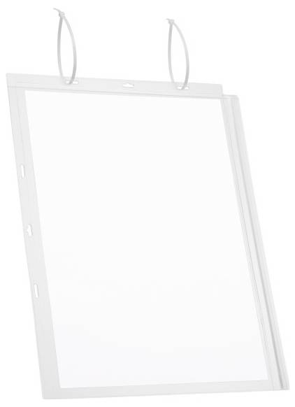 Un support transparent rectangulaire avec deux bandes de maintien en haut. Il peut être utilisé pour présenter des informations.