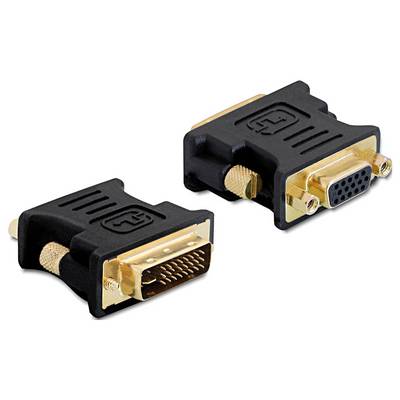 Adaptateur avec ports DVI et VGA, noir et or, permettant de connecter des appareils DVI à des ports VGA, sur fond blanc.