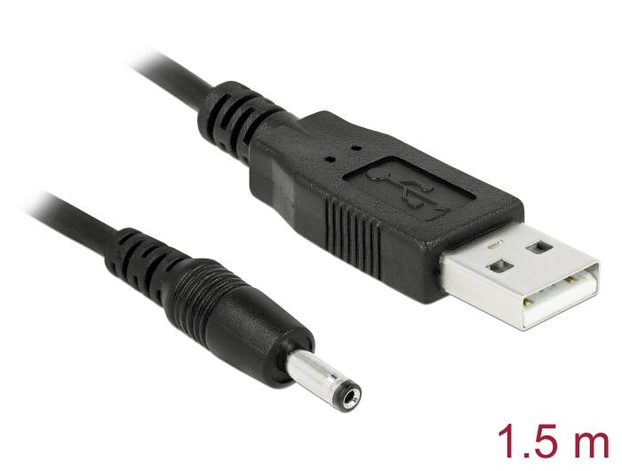 Un câble USB noir avec un connecteur creux. La longueur de 1,5 mètres est indiquée en bas à droite.