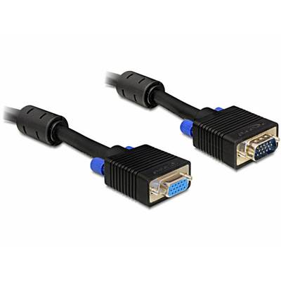 Un câble VGA avec deux connecteurs, l'un mâle et l'autre femelle. Les connecteurs sont noirs avec des éléments bleus et argentés.