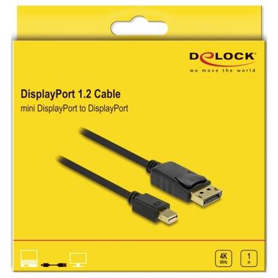 Emballage jaune d'un câble DisplayPort 1.2 de Delock, montrant mini DisplayPort vers DisplayPort. Prend en charge 4K à 60 Hz, longueur de 1 mètre.