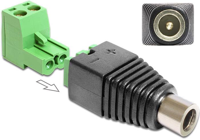 Adaptateur à vis pour connexion DC, configuration vert-noir, avec marquage plus et moins. Adapté pour les connexions électriques.