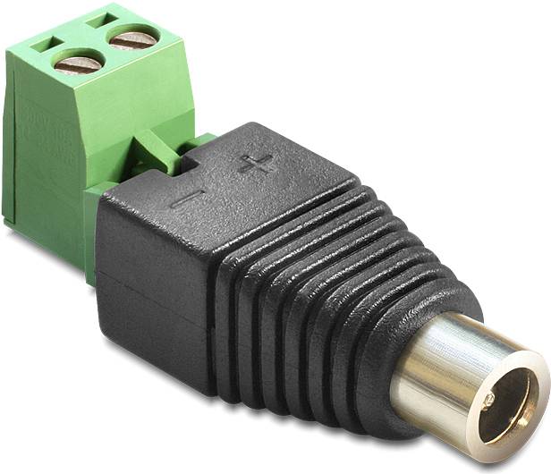 'Connexion DC : Prise avec adaptateur à bornes à vis vertes pour fils positifs et négatifs, permettant des connexions de câbles sécurisées.'