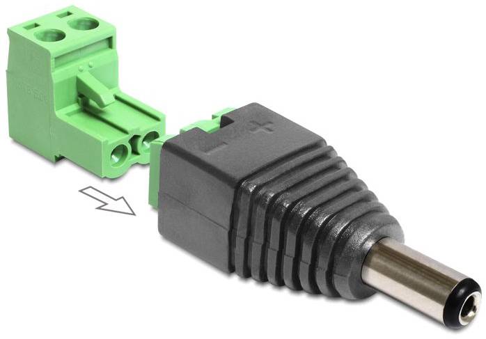 Un bornier vert et un connecteur DC noir, reliés par une flèche pour illustrer le montage.