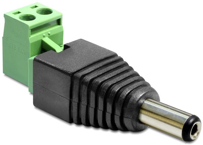 Un connecteur DC noir côtelé avec un bloc de connexion vert, adapté aux applications électroniques ou d'alimentation électrique.